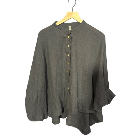 Free People Easy Does It Relaxed Fit Blouse S Button-Front Black Linen-Cotton Bl - Picture 1 of 6